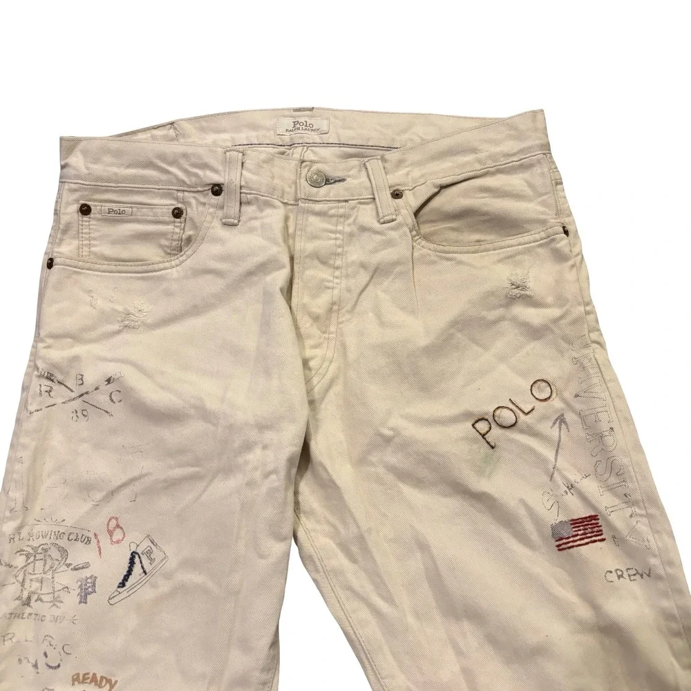 Polo Ralph Lauren‎ Sullivan Slim Graphic Jeans Mens 32x32 Cream Distressed Denim